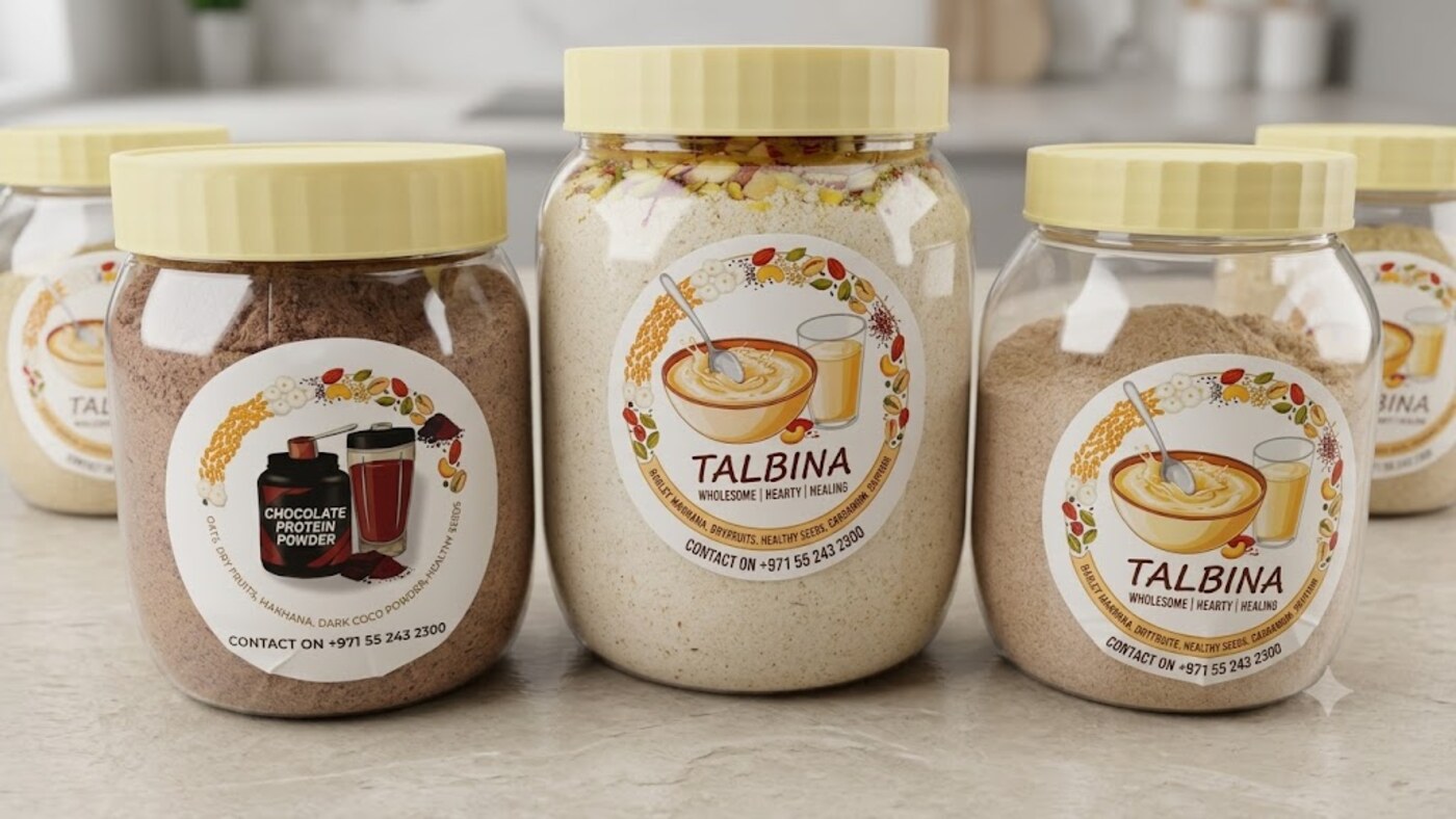 Close-up of homemade Grainoor Talbina and Chocolate Protein Powder jars